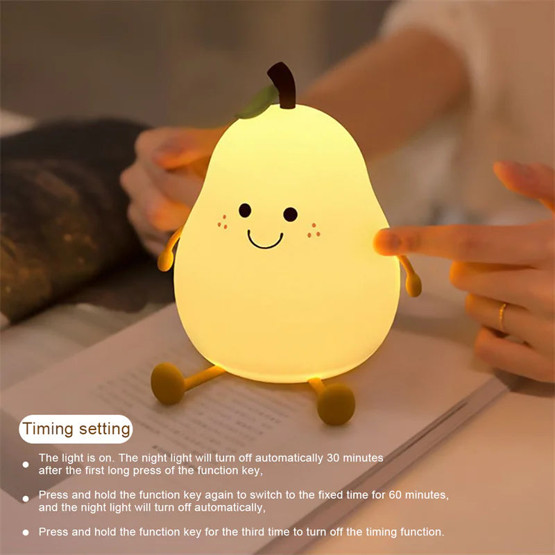 LED Pear Fruit Night Light | USB Rechargeable Dimmable Touch Lamp for Bedrooms & Kid