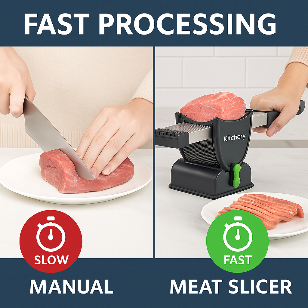 Kitchory Fresh Meat Slicer – 17 Stainless Steel Blades, Adjustable 2mm & 4mm Thickness, Dishwasher-Safe, Compact Design