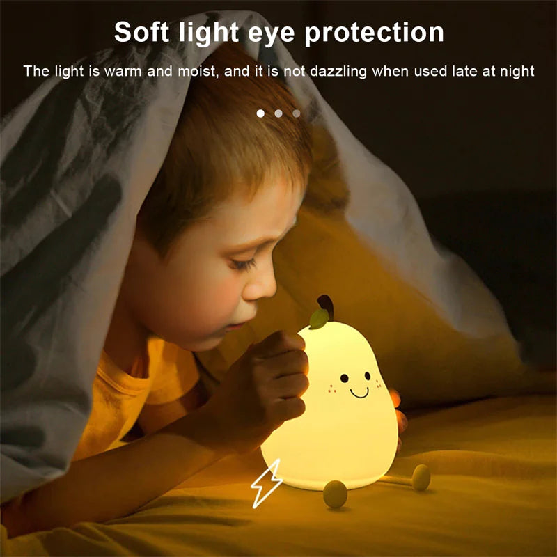 LED Pear Fruit Night Light | USB Rechargeable Dimmable Touch Lamp for Bedrooms & Kid