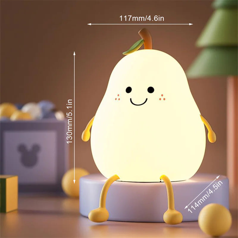 LED Pear Fruit Night Light | USB Rechargeable Dimmable Touch Lamp for Bedrooms & Kid